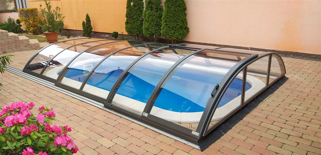 Poolüberdachung Azure Flat Compact 7,70 x 4,18 x 0,80 m Anthrazit Bausatz Selbstmontage Einstieg rechts