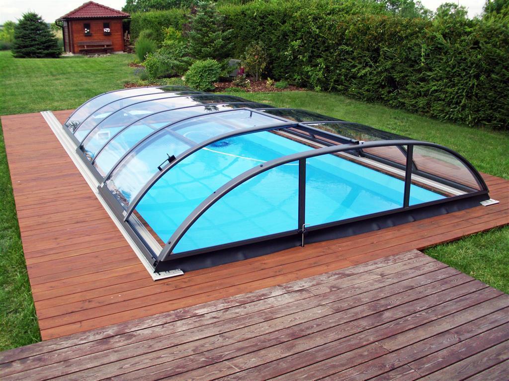 Poolüberdachung Azure Flat Compact 8,63 x 5,07 x 0,90 m Anthrazit Bausatz Selbstmontage Einstieg links
